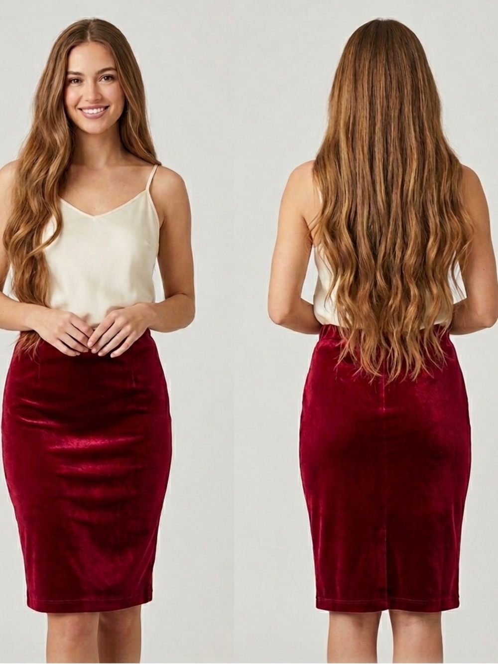 Sanctuary Velvet Pencil Skirt Burgundy Red Velour Elastic Waist Knee Length L